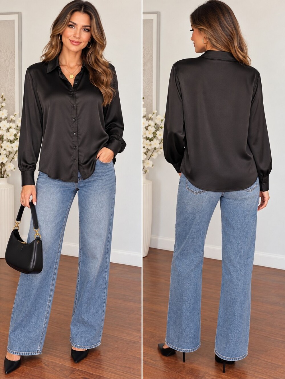 Black Satin Button Up Shirt Collared Long Sleeve Silky Shine Stretch Size L